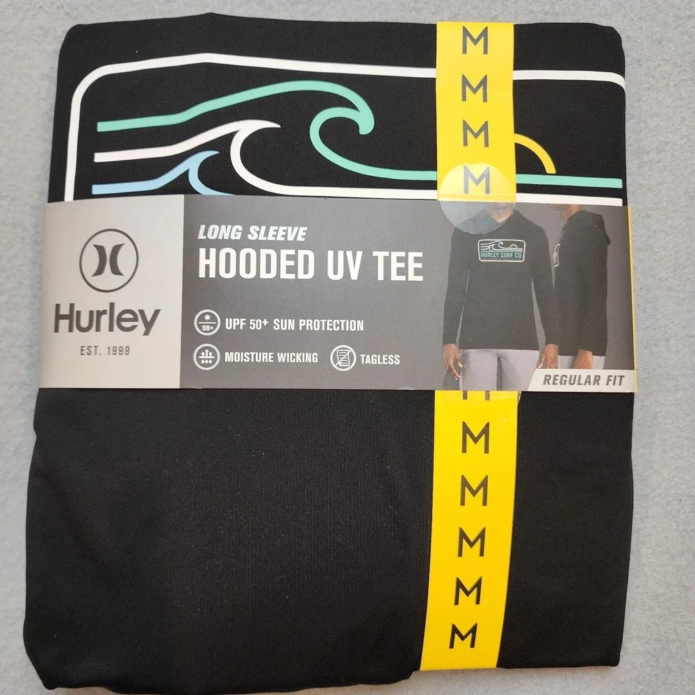 Hurley Mens Medium Hooded UV Sun Shirt UPF 50+ Black Long Sleeve Surf Fishing...